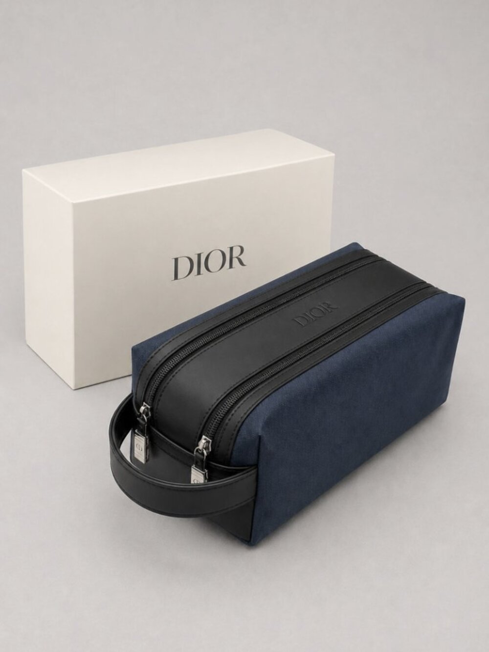 Christian Dior Navy Cosmetic Toiletry Bag Double Zip Travel Pouch Unisex NIB